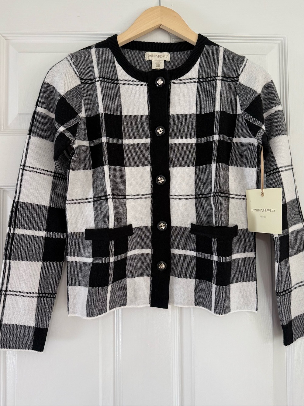 NWT Cynthia Rowley Soft Black and White Checkered Old Money Sweater Size XS